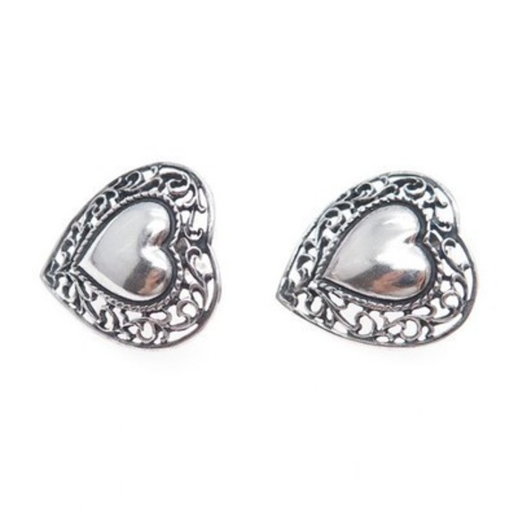 925 Sterling Silver Vintage Heart Filigree Oxidized Earrings - Picture 5 of 8